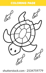 Printable coloring page of cute cartoon turtle and fish line art underwater worksheet