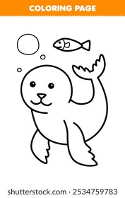 Printable coloring page of cute cartoon seal and fish line art underwater worksheet