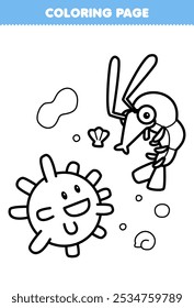 Printable coloring page of cute cartoon sea ​​urchin and shrimp line art underwater worksheet