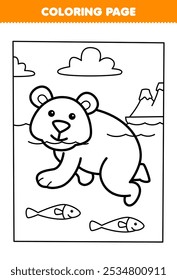 Printable coloring page of cute cartoon polar bear looking for fish line art underwater worksheet