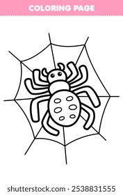 Printable coloring page of cute cartoon spider in the web line art bug worksheet