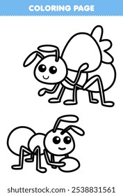 Printable coloring page of cute cartoon ants carrying food line art bug worksheet