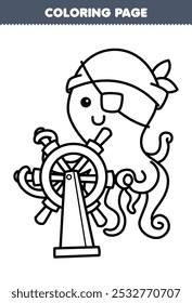 Página para colorear imprimible del pulpo lindo del parche del ojo que sostiene la hoja de trabajo submarina del arte de la línea de la rueda