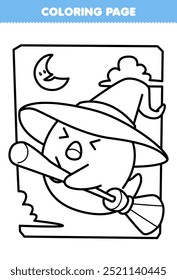 Printable coloring page of cute ghost holding a flying broomstick line art halloween worksheet