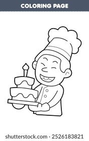 Printable coloring page of cute  pastry chef brings birthday cake line art profession worksheet