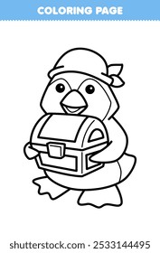 Página para colorear imprimible de lindo pingüino que lleva la línea del pecho del tesoro arte bajo el agua hoja de cálculo