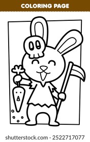 Printable coloring page of cute rabbit carrying a sickle and skull mask line art halloween worksheet