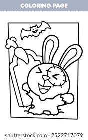 Druckbare Malvorlage von niedlichen Zombie Kaninchen kommt aus dem Grab Linie Kunst Halloween Arbeitsblatt