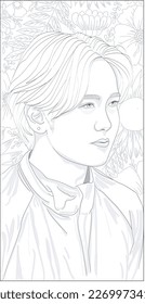 página de coloreado imprimible con un chico guapo y flores y deja el fondo.