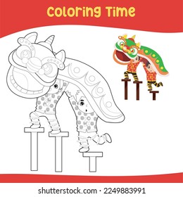 Printable coloring page for kids. 2 boys in chinese traditional costume dancing lion dance. Chinese new year, happy lunar new year. Vector illustration.