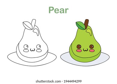 Printable Coloring Page for Kids, Adults. Cute coloring sheets with kawaii food character. Children Indoor activity. Funny pear isolated on white background. Comic smiling food. Nursery decoration.