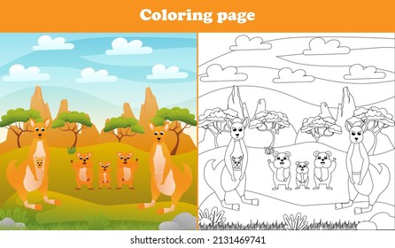 Printable coloring page for kids with australian scene with kangaroo and cute quokka animal, worksheet for school children books in cartoon style, wildlife theme, zoo