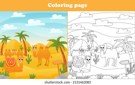 Printable coloring page for kids with desert scene with cute animals camel and palm trees, worksheet for school
