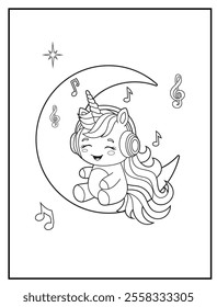 Printable coloring page for kids features a cute unicorn listening to music. Adorable unicorn cartoon characters for children's activity books.
