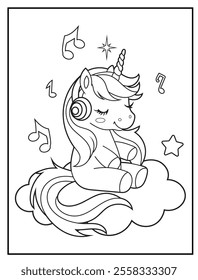 Printable coloring page for kids features a cute unicorn listening to music. Adorable unicorn cartoon characters for children's activity books.
