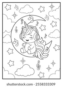 Printable coloring page for kids features a cute unicorn listening to music. Adorable unicorn cartoon characters for children's activity books.
