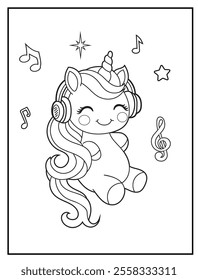 Printable coloring page for kids features a cute unicorn listening to music. Adorable unicorn cartoon characters for children's activity books.
