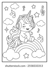 Printable coloring page for kids features a cute unicorn listening to music. Adorable unicorn cartoon characters for children's activity books.
