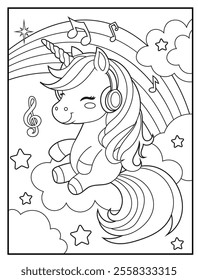 Printable coloring page for kids features a cute unicorn listening to music. Adorable unicorn cartoon characters for children's activity books.
