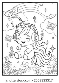 Printable coloring page for kids features a cute unicorn listening to music. Adorable unicorn cartoon characters for children's activity books.
