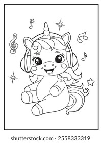 Printable coloring page for kids features a cute unicorn listening to music. Adorable unicorn cartoon characters for children's activity books.
