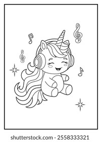 Printable coloring page for kids features a cute unicorn listening to music. Adorable unicorn cartoon characters for children's activity books.
