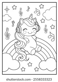 Printable coloring page for kids features a cute unicorn listening to music. Adorable unicorn cartoon characters for children's activity books.
