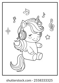 Printable coloring page for kids features a cute unicorn listening to music. Adorable unicorn cartoon characters for children's activity books.
