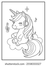 Printable coloring page for kids features a cute unicorn listening to music. Adorable unicorn cartoon characters for children's activity books.
