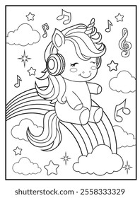 Printable coloring page for kids features a cute unicorn listening to music. Adorable unicorn cartoon characters for children's activity books.
