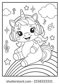 Printable coloring page for kids features a cute unicorn listening to music. Adorable unicorn cartoon characters for children's activity books.
