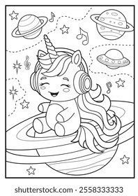 Printable coloring page for kids features a cute unicorn listening to music. Adorable unicorn cartoon characters for children's activity books.
