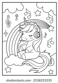 Printable coloring page for kids features a cute unicorn listening to music. Adorable unicorn cartoon characters for children's activity books.
