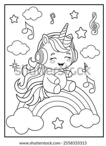 Printable coloring page for kids features a cute unicorn listening to music. Adorable unicorn cartoon characters for children's activity books.
