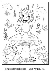 Printable coloring page for kids featuring a cute unicorn singing. Unicorn cartoon characters for children's activity books.
