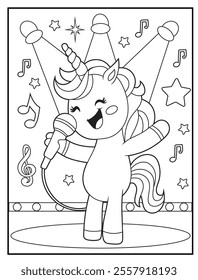 Printable coloring page for kids featuring a cute unicorn singing. Unicorn cartoon characters for children's activity books.
