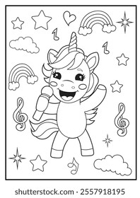 Printable coloring page for kids featuring a cute unicorn singing. Unicorn cartoon characters for children's activity books.
