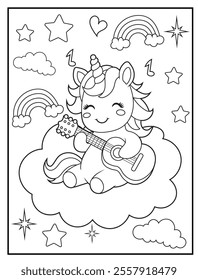 Printable coloring page for kids featuring a cute unicorn playing guitar. Adorable unicorn cartoon characters for children's activity books.
