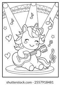 Printable coloring page for kids featuring a cute unicorn playing guitar. Adorable unicorn cartoon characters for children's activity books.
