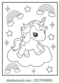 Printable coloring page for kids featuring a cute unicorn standing on a cloud. Adorable unicorn cartoon characters for children's activity books.
