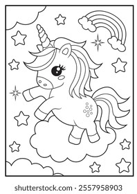 Printable coloring page for kids featuring a cute unicorn standing on a cloud. Adorable unicorn cartoon characters for children's activity books.
