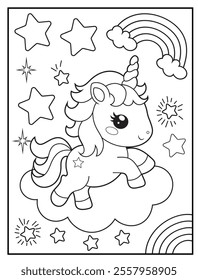 Printable coloring page for kids featuring a cute unicorn standing on a cloud. Adorable unicorn cartoon characters for children's activity books.
