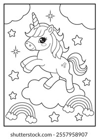 Printable coloring page for kids featuring a cute unicorn standing on a cloud. Adorable unicorn cartoon characters for children's activity books.
