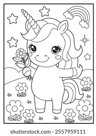 Printable coloring page for kids featuring a cute unicorn holding a flower. Adorable unicorn cartoon characters for children's activity books.
