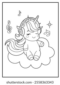 Printable coloring page for kids featuring a cute unicorn wearing headphones and listening to music . Adorable unicorn cartoon characters for children's activity books.
