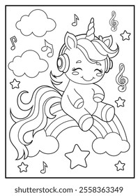 Printable coloring page for kids featuring a cute unicorn wearing headphones and listening to music . Adorable unicorn cartoon characters for children's activity books.
