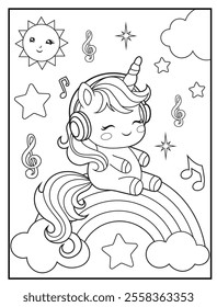 Printable coloring page for kids featuring a cute unicorn wearing headphones and listening to music . Adorable unicorn cartoon characters for children's activity books.
