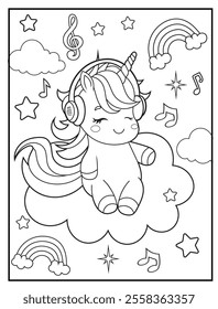 Printable coloring page for kids featuring a cute unicorn wearing headphones and listening to music . Adorable unicorn cartoon characters for children's activity books.
