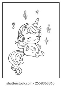 Printable coloring page for kids featuring a cute unicorn wearing headphones and listening to music . Adorable unicorn cartoon characters for children's activity books.
