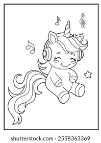 Printable coloring page for kids featuring a cute unicorn wearing headphones and listening to music . Adorable unicorn cartoon characters for children's activity books.
